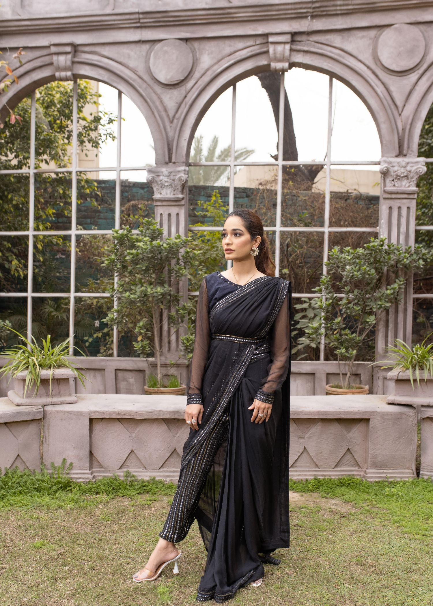Sadia Tariq's Noor E Hira (Black). Chiffon saree, intricate panni work, embellished pants.