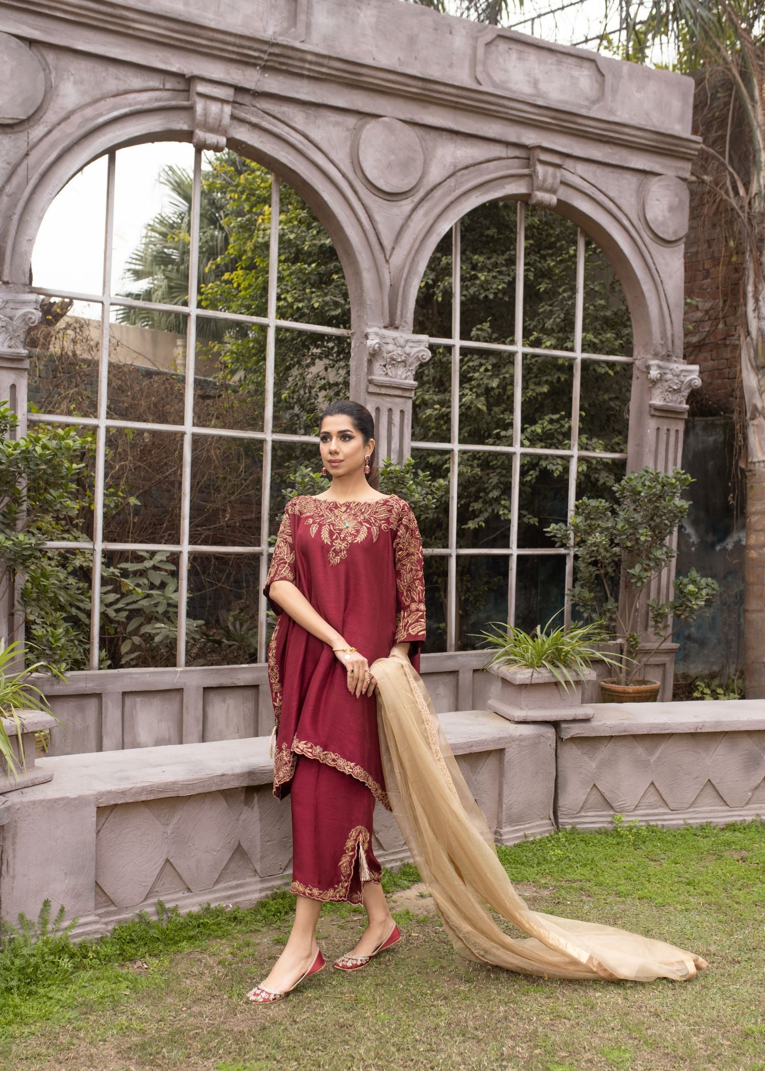 "Sadia Tariq's Regalia: Raw silk suit, antique Tilla Marori work. Khari shalwar, champagne & ruby stones."