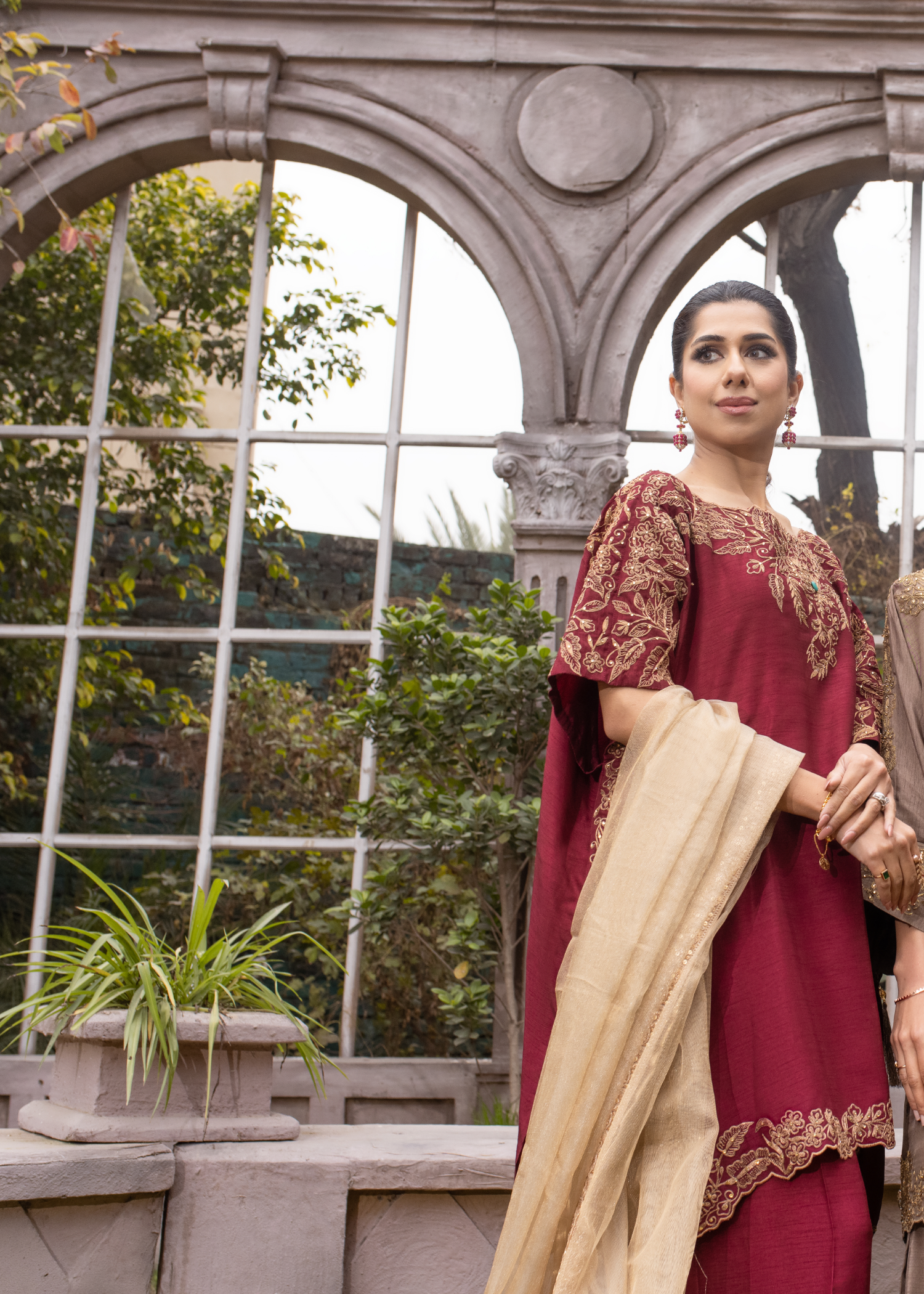 "Sadia Tariq's Regalia: Raw silk suit, antique Tilla Marori work. Khari shalwar, champagne & ruby stones."