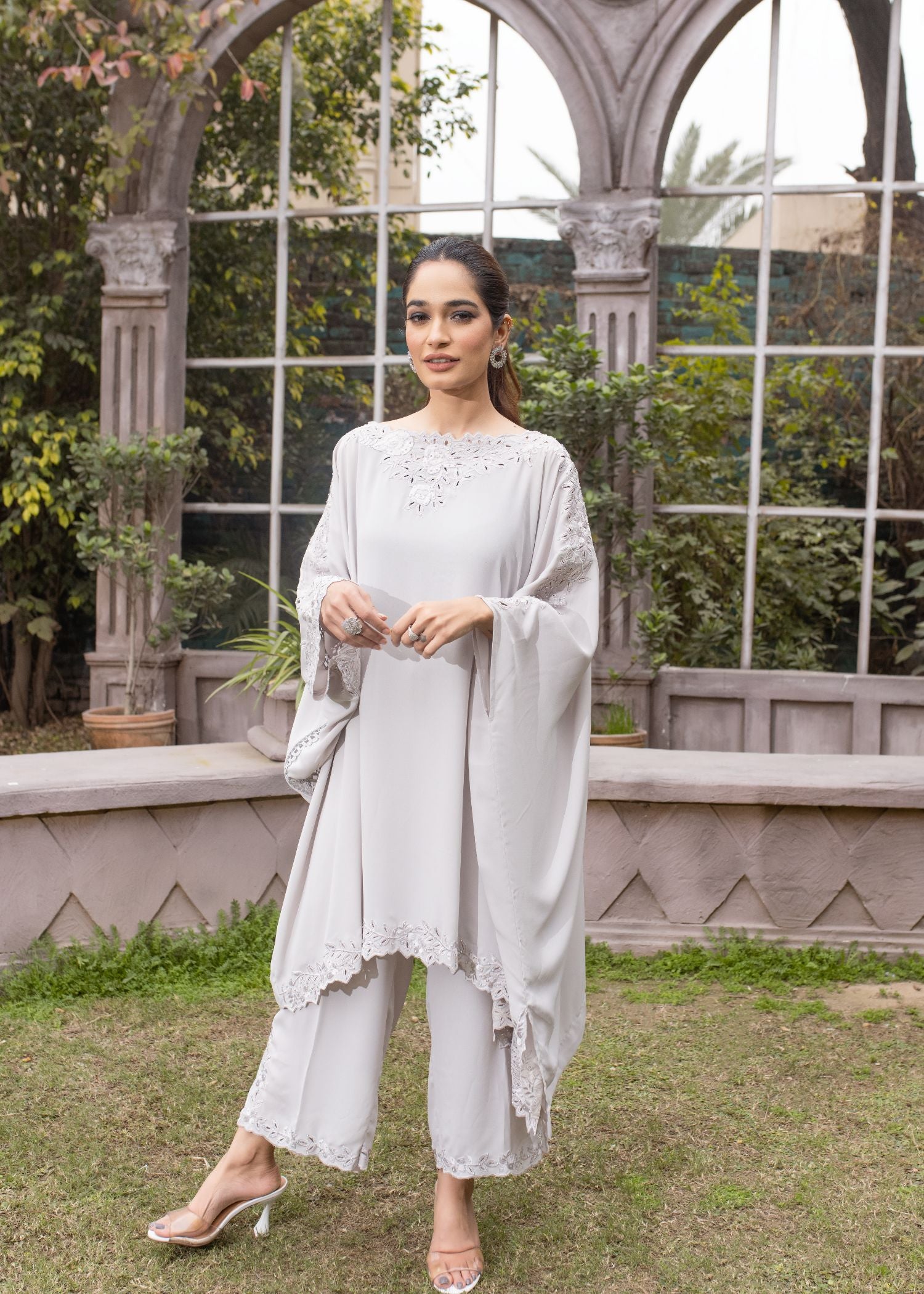 "The Tale: Georgette shirt, culottes. Asymmetrical tunic, cut work, rhinestones. Elegant ensemble."