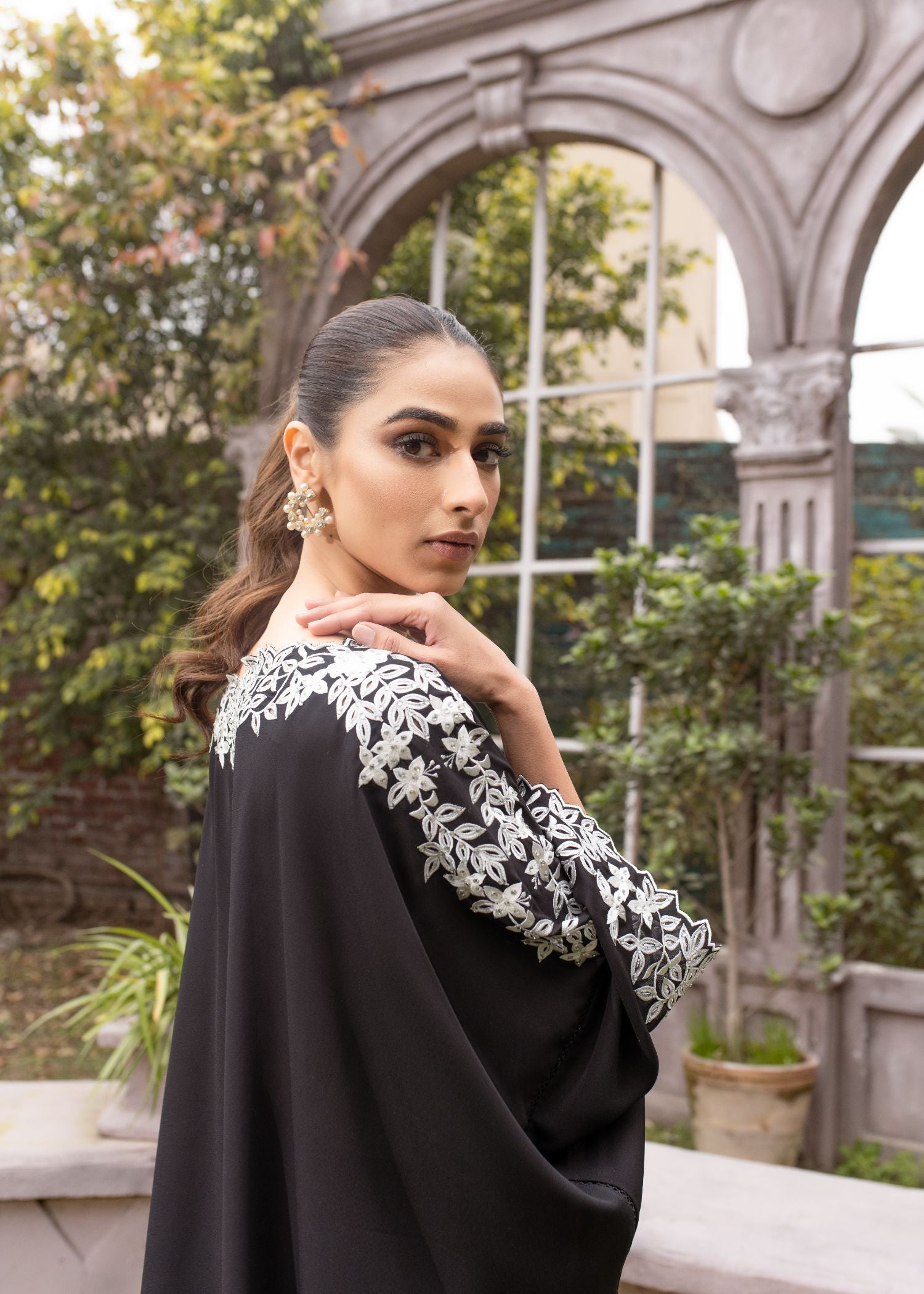 "Tale ensemble: Georgette shirt, culottes with cut work, rhinestones. Asymmetrical tunic, elegant culottes."