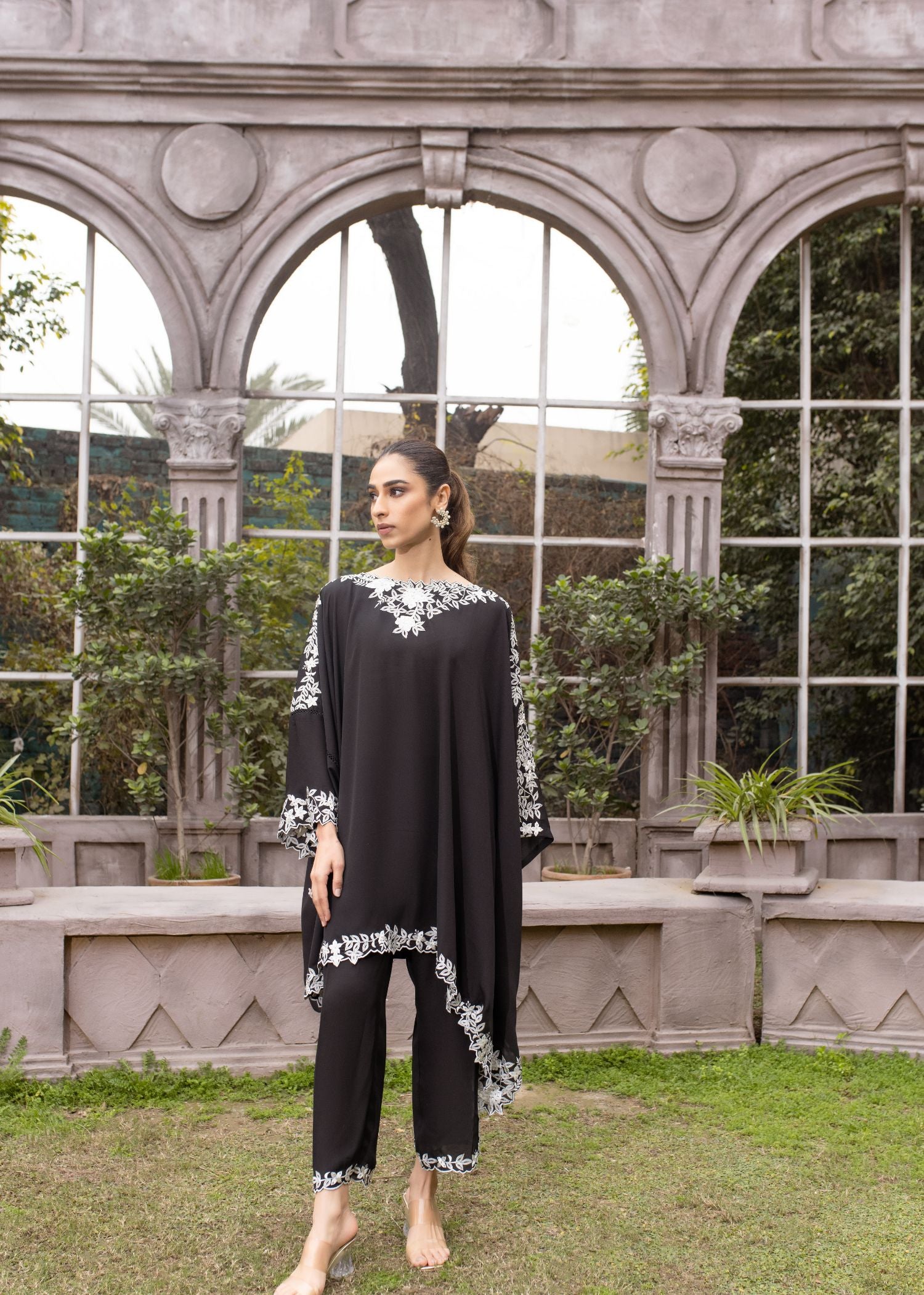 "Tale ensemble: Georgette shirt, culottes with cut work, rhinestones. Asymmetrical tunic, elegant culottes."