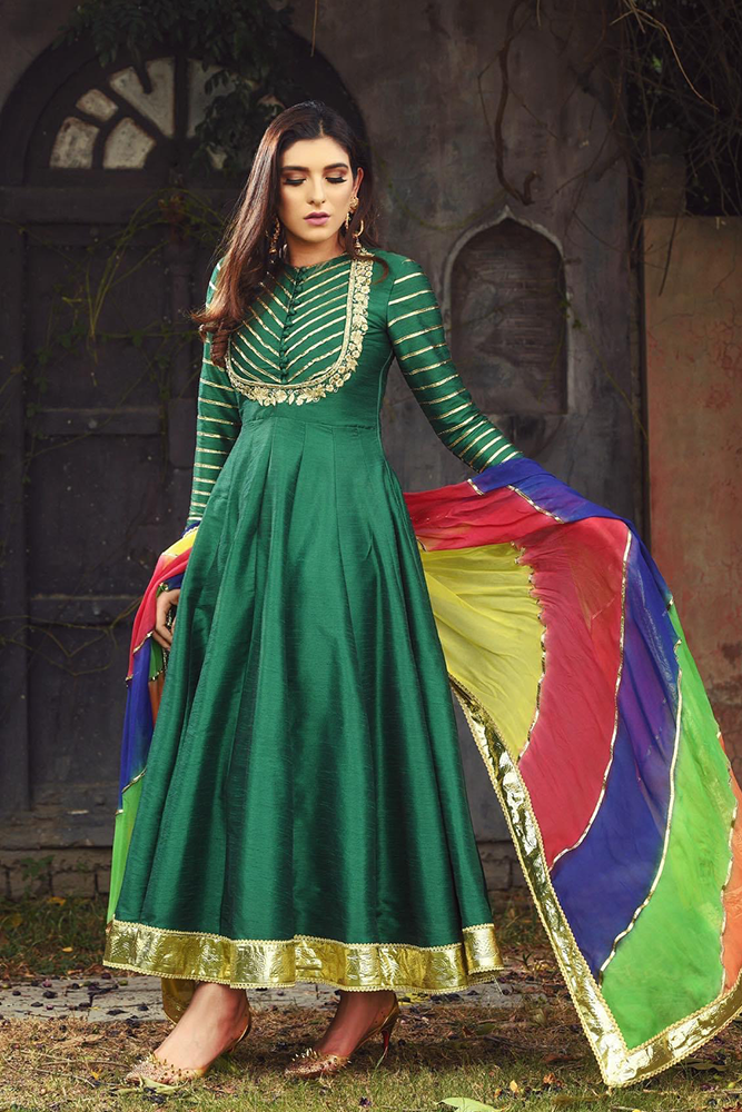 Raw Silk Pishwas with Gota Tilla Work