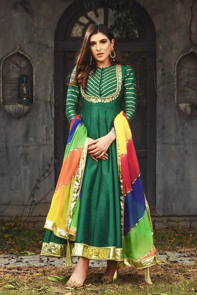 Raw Silk Pishwas with Gota Tilla Work