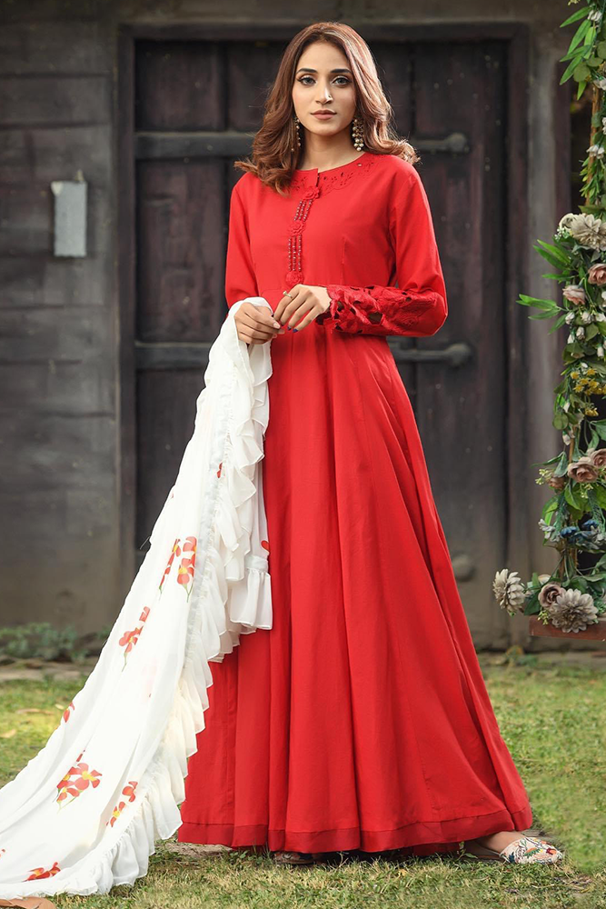 Cotton Pishwas with Cutwork on Sleeves