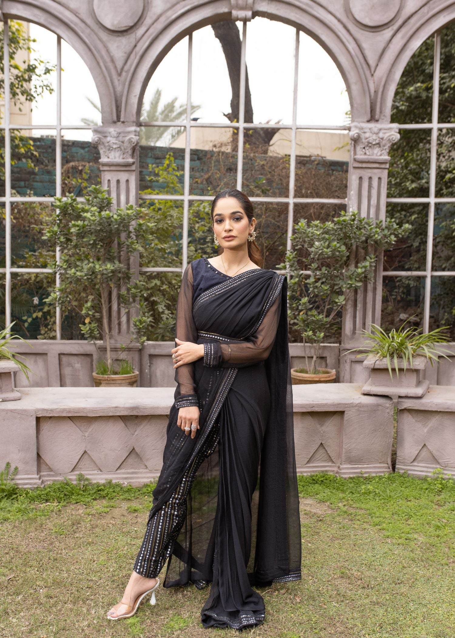 Sadia Tariq's Noor E Hira (Black). Chiffon saree, intricate panni work, embellished pants.