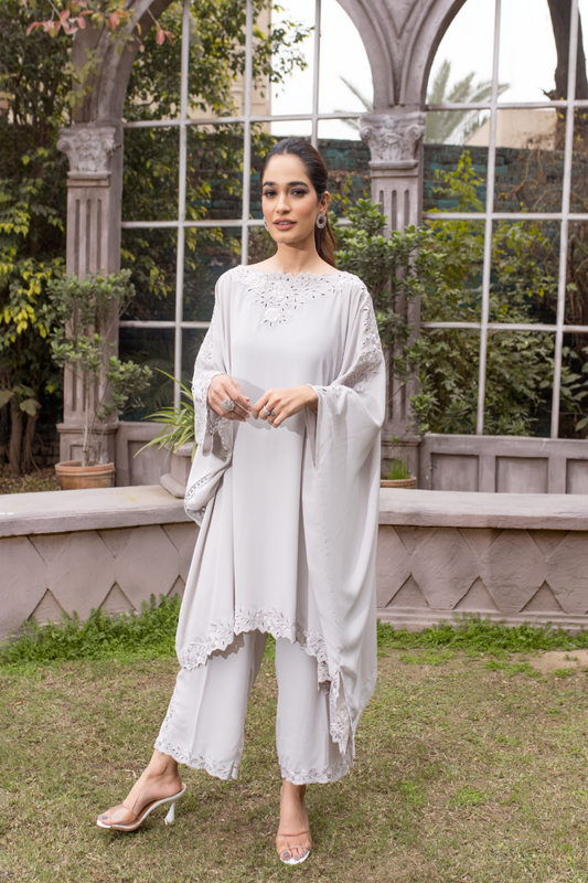  "The Tale: Georgette shirt, culottes. Asymmetrical tunic, cut work, rhinestones. Elegant ensemble."