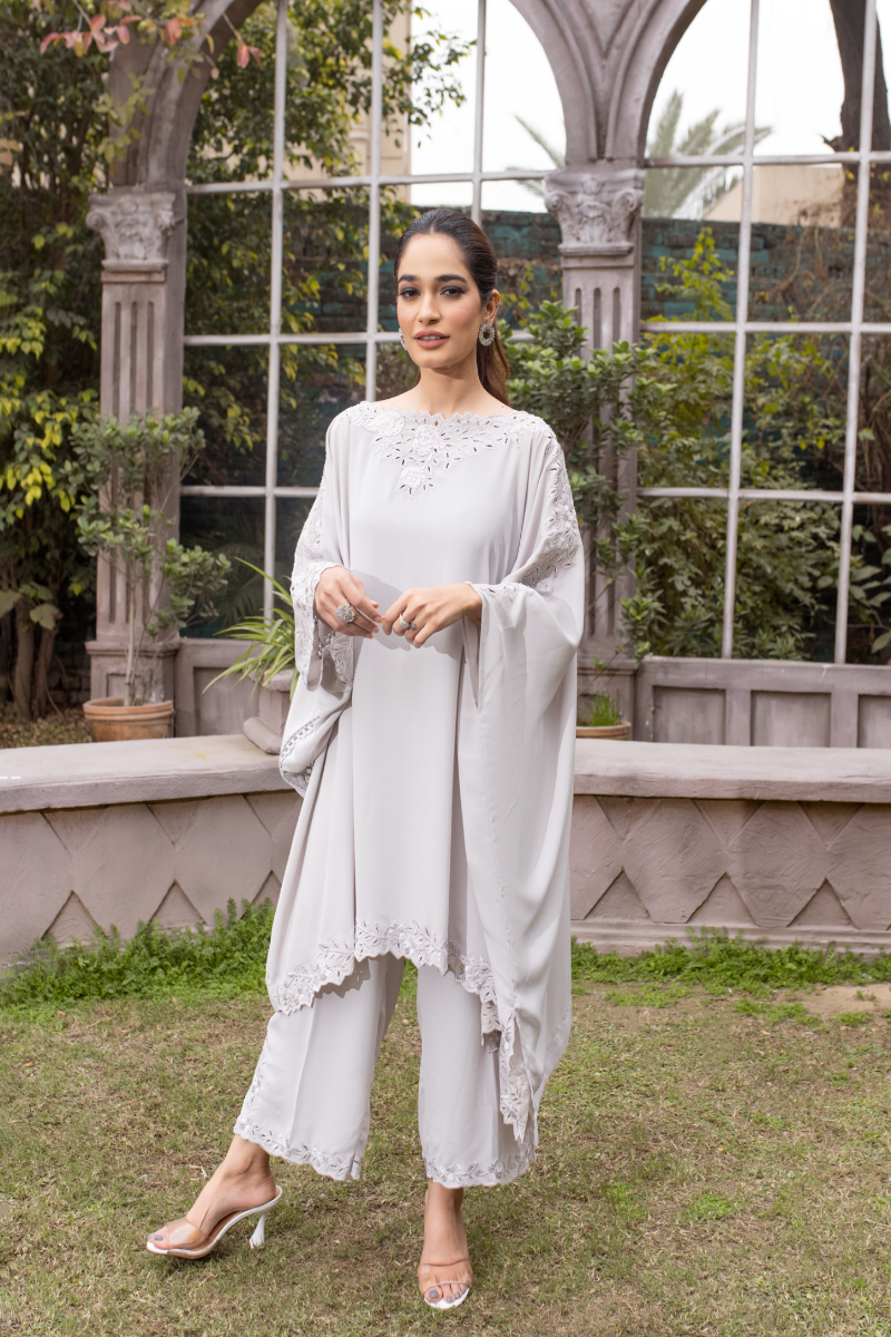  "The Tale: Georgette shirt, culottes. Asymmetrical tunic, cut work, rhinestones. Elegant ensemble."